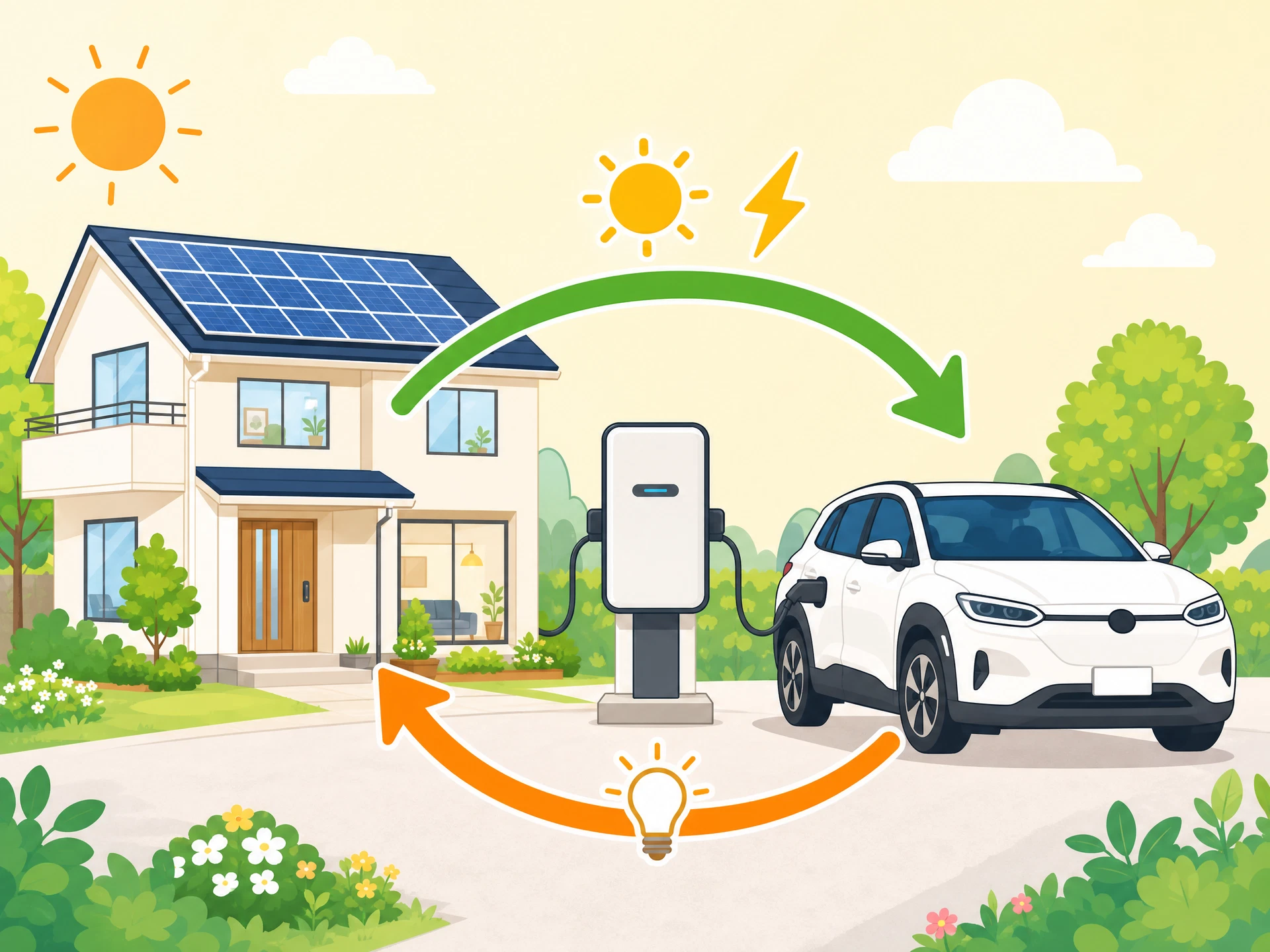 V2Hのイメージイラスト：太陽光パネルを載せた家とEVがV2H充放電器を介して電気を双方向にやり取りする様子