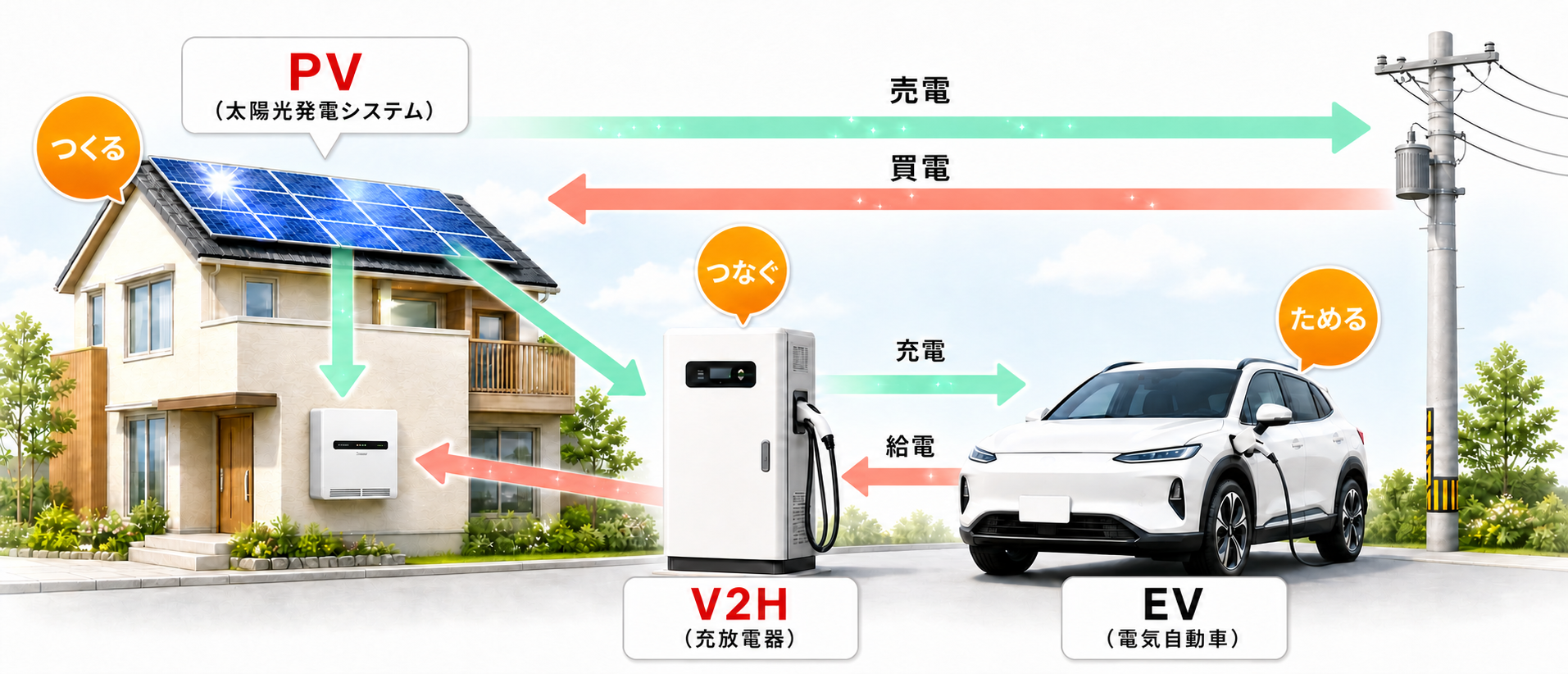 V2Hの仕組み（単機能型）の図解：太陽光発電（PV）でつくった電気を売電・買電し、V2H充放電器を通じてEV（電気自動車）へ充電・給電する流れ。つくる・つなぐ・ためるの3ステップ